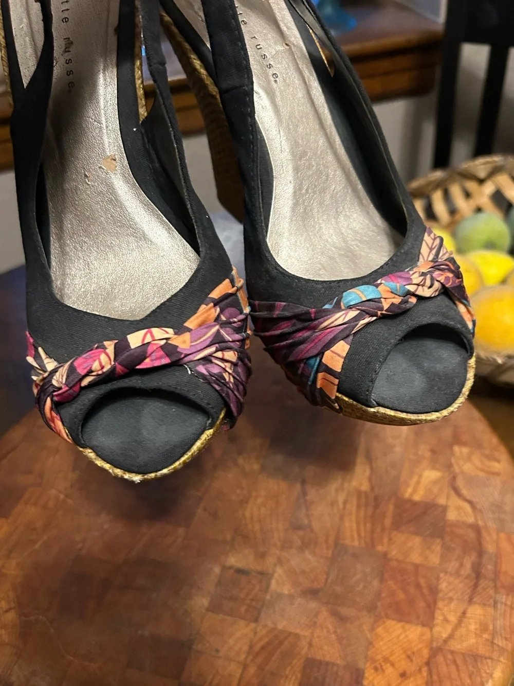 Charlotte Russe Black Slingback Wedge Heels with Multicolor Floral Knot